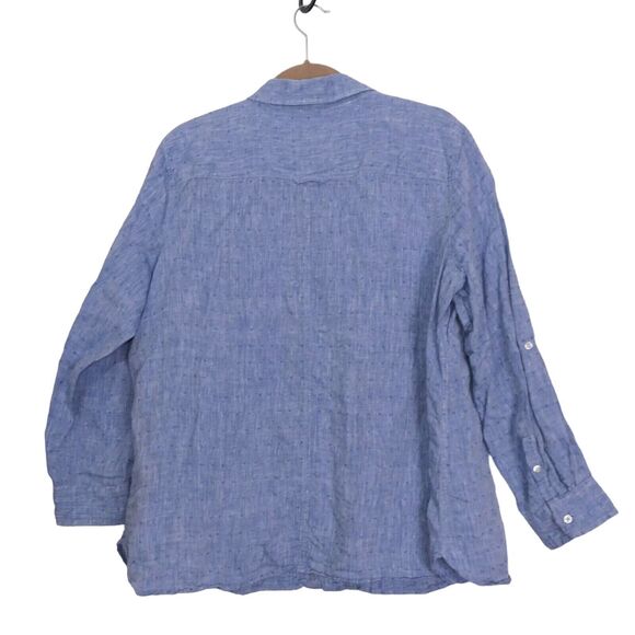 Talbots Woman Petite 2XP 100% Linen Button Up Shirt Blue Textured Roll Tab EUC - Picture 3 of 9